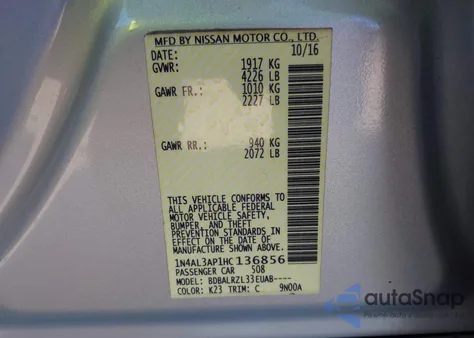 2017 Nissan Altima 2.5 Sl z USA, uszkodzony, nr VIN 1N4AL3AP1HC136856